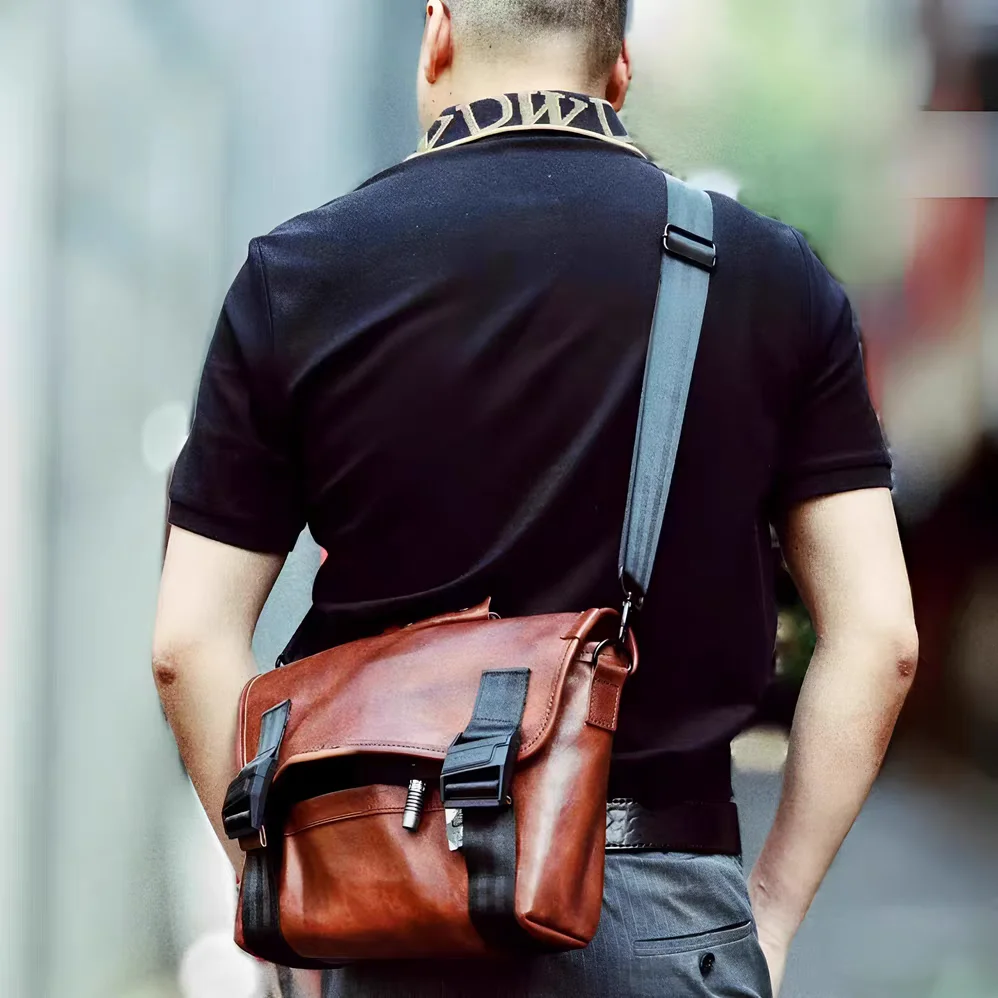 Vintage Brown Waxed Leather Crossbody Bag Motorcycle Riding Chest Shoulder Messenger Bag Handmade Genuine Cowhide