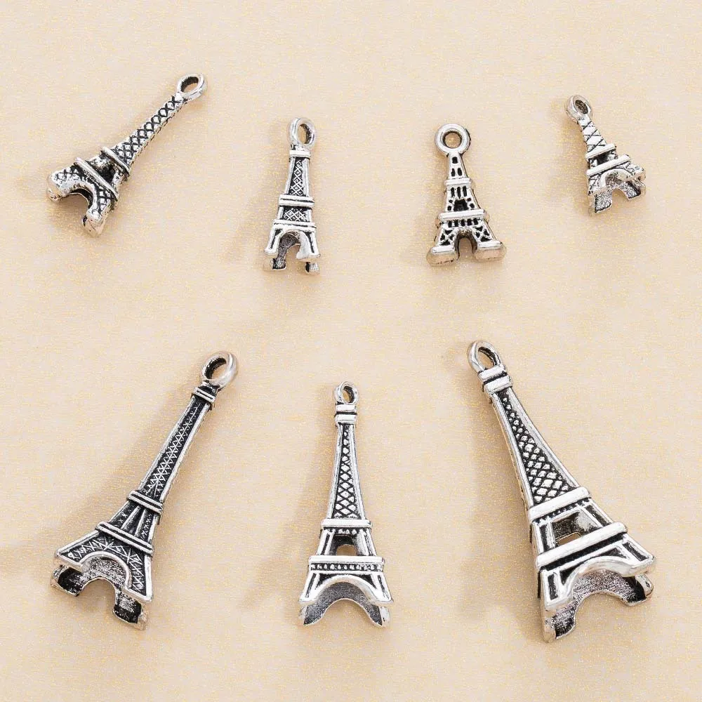 Retro-style Eiffel Tower alloy pendants in various sizes are preferred DIY accessories