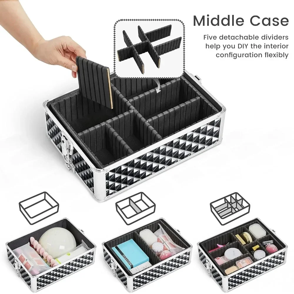 Train Case 4 in 1 Cosmetic Trolley Nail Tech Travel Case Rolling Makeup Organizer Salon Barber Case with Wheels Hairstylist