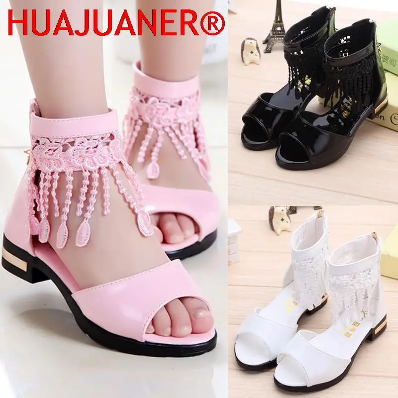 

3 5 9 10 12 Years Kids Bow Sandals Children Girls Summer Cute Sandals Beach 2023 Princess Fashion High Heels Tassel School Shoes