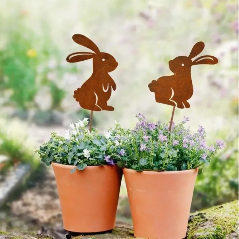 

2 шт. металлические садовые фигурки кроликов цвета ржавчины, ретро-декор для сада, подходят для улицы/дома, патио
