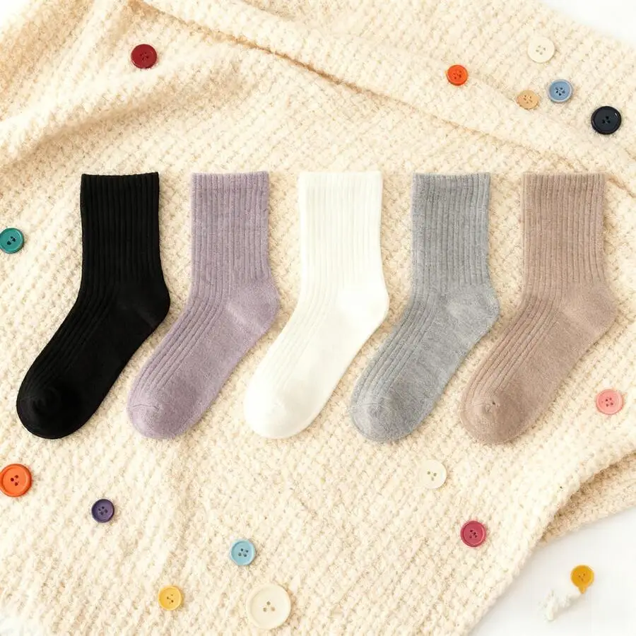

5 Pairs Womens Neutral Mid-Calf Cotton Socks High Elasticity Antibacterial Deodorant Solid Color Casual Daily
