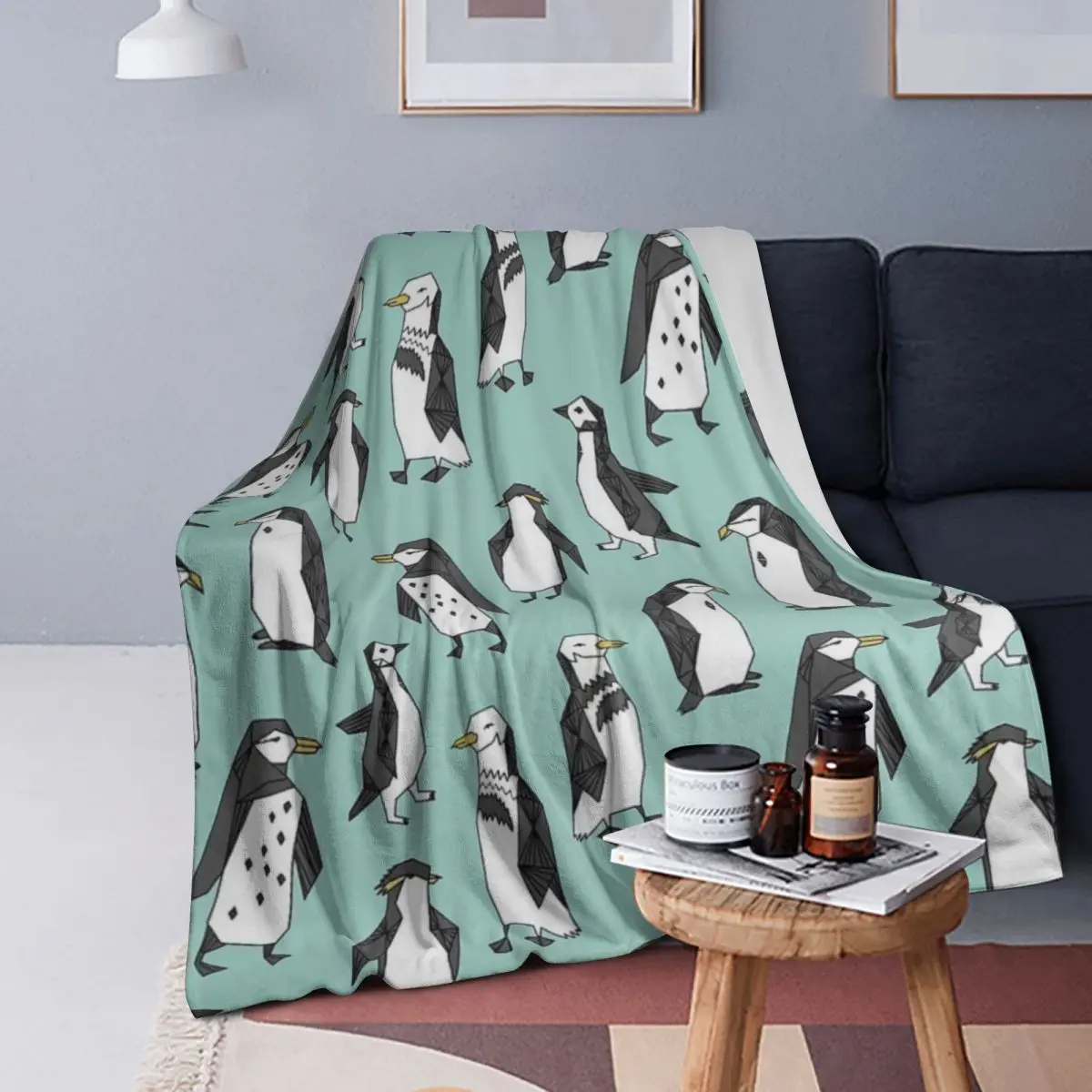 

Penguin - Mint By Andrea Lauren Blankets Soft Warm Flannel Throw Blanket Plush for Bed Living room Picnic Travel Home Sofa