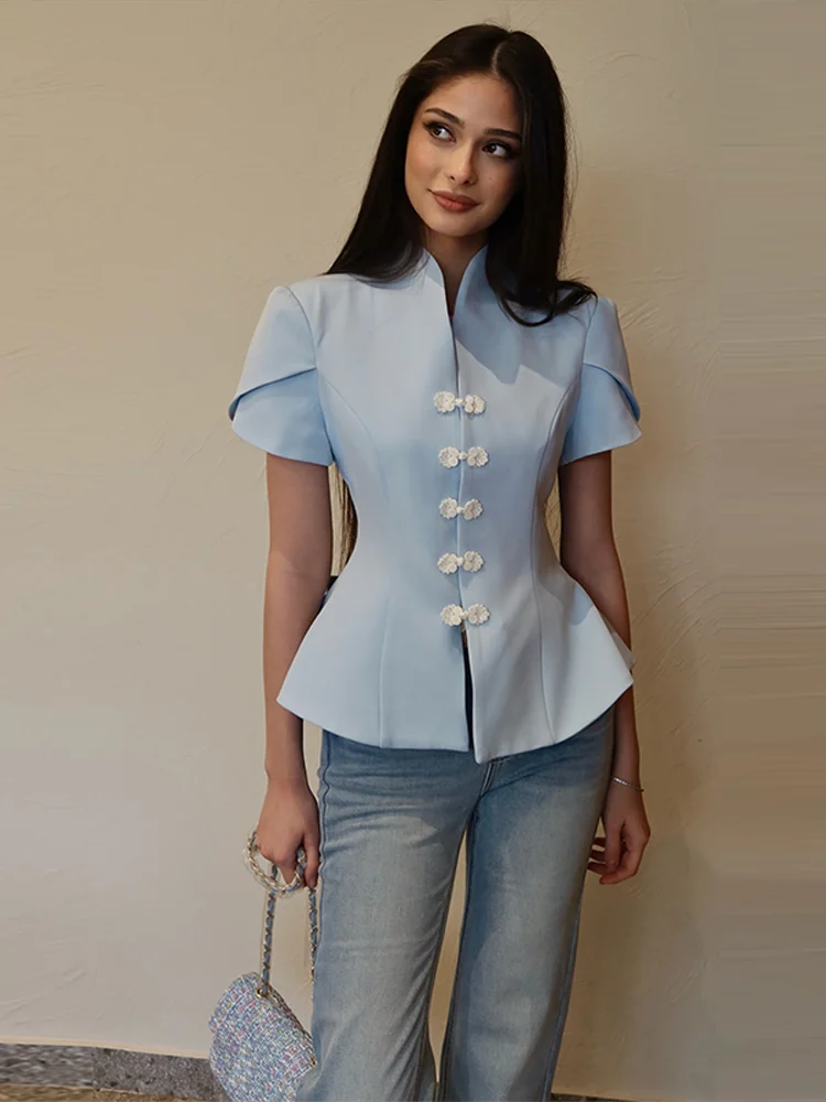 2026 Spring Summer Short Puff Sleeve Frog Button Shirt For Women Stand Collar Single Breasted Blouse Lady Chic Street Party Top