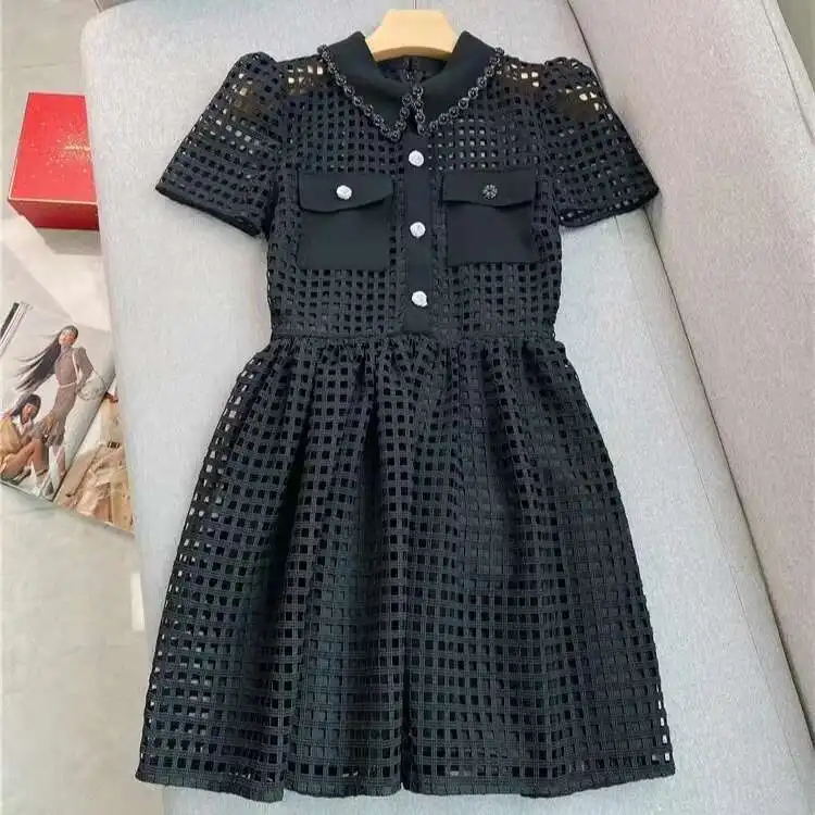 SP French Light Fragrance Short Sleeved Beaded Heavy Industry Water Soluble Lace Hollow Small Black Dress