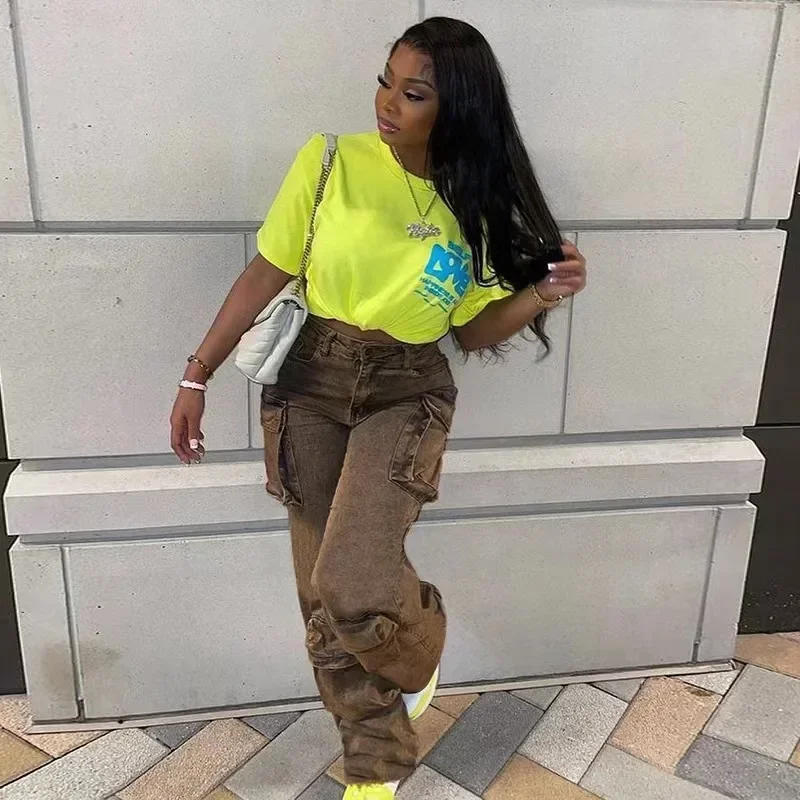 Vintage Women Multi Pockets Jeans 2025 Spring High Waist Button Cargo Straight Denim Pants Female Full Length Streetwear Denims