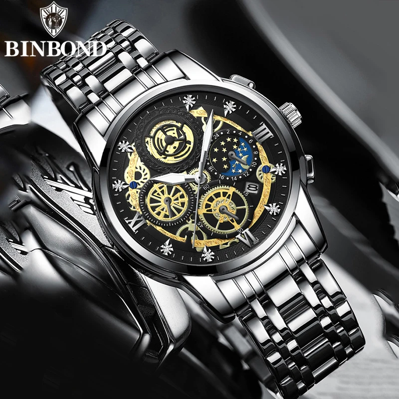 BINBOND B4010 Fashion Casual Quartz Men Watch Stainless Steel Strap Luxury Dial Luminous 30M Waterproof Business Men Wristwatch