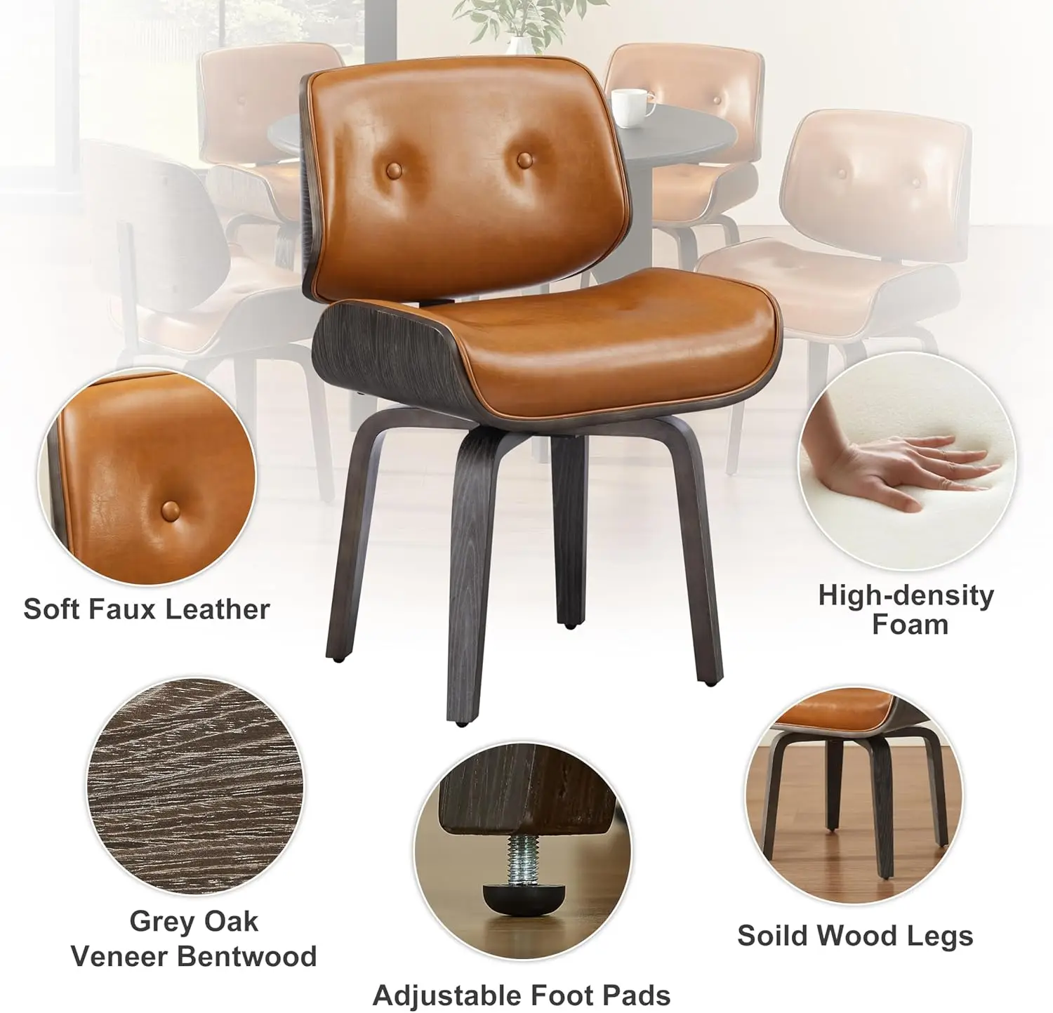 كرسي طعام دوار - كرسي طعام المطبخ الحديث في منتصف القرن، كرسي منجد من الجلد الصناعي بأرجل من الخشب الصلب