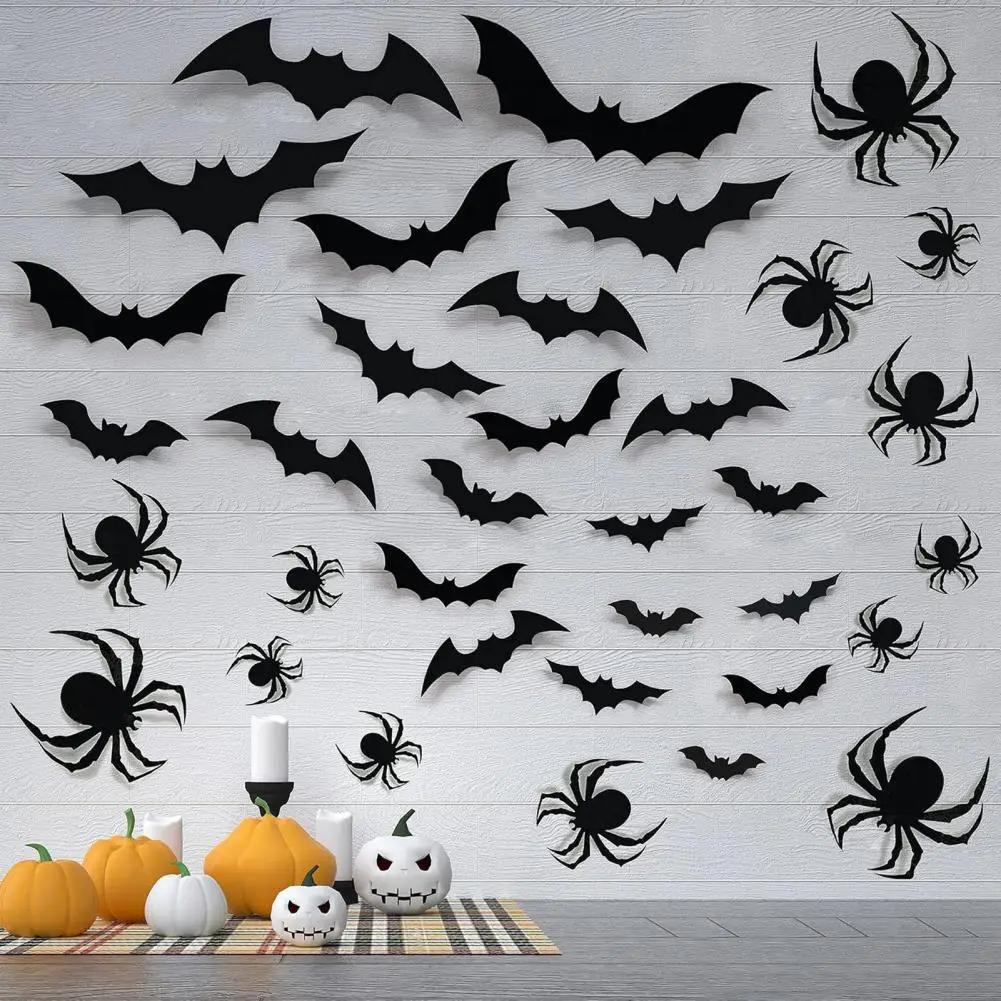 Foldable Bat Wings Decor Realistic 3d Halloween Bat Spider Wall Stickers for Diy Home Decor Party Supplies Black Pvc for Windows