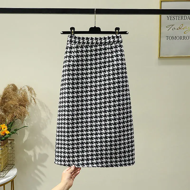 2024 Autumn Winter Women Fashion Houndstooth Print Pencil Skirts Female High Waist Woolen Skirt Ladies Split Bodycon Skirt B375