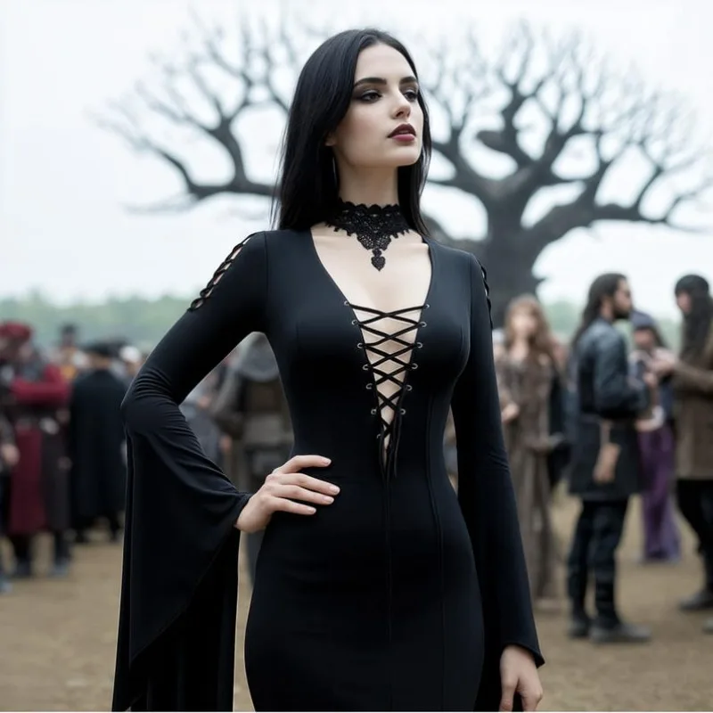 Medieval Gothic Witch Cosplay Black Dress Long Sleeve Floor Train Corset Suit Women Halloween Party Fantasy Costume Plus Size