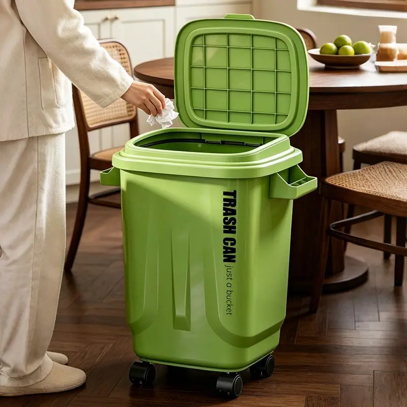 Plastic Waste Bins With Wheels Lidded Trash Cans 2 Colors Portable Large Capacity For Kitchen Bathroom Office Household Cleaning