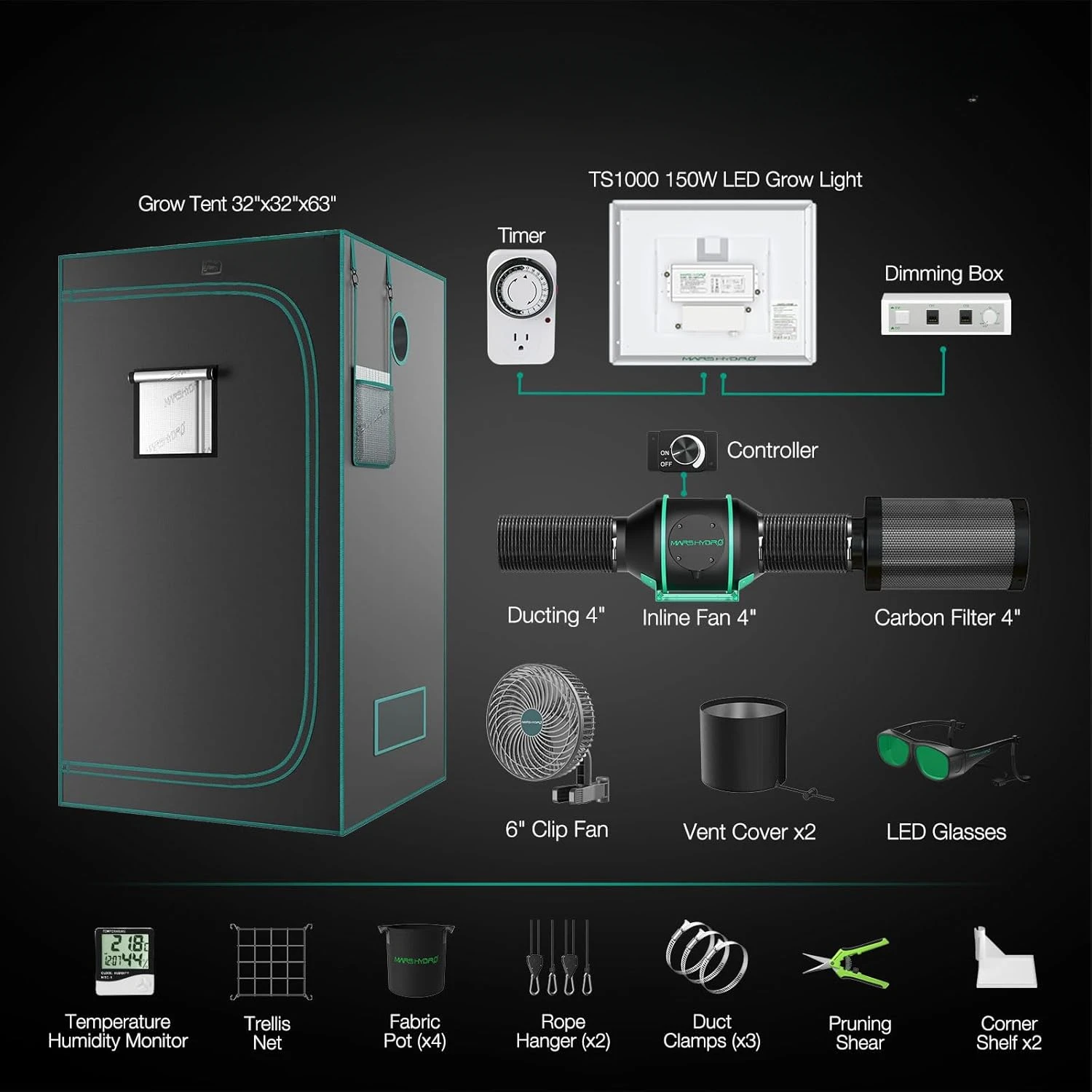 3x3 Grow Tent Kit Complete 150W TS1000 Dimmable Full Specturm  Grow Tent Complete System