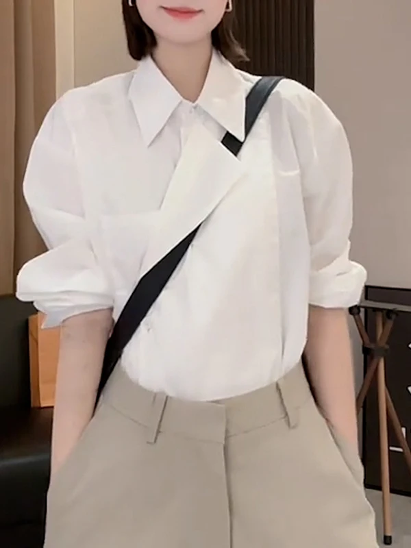 

White mat Long Sve irt Women Early Spring plus Size Design Collar Commute Loose Slimming Top Ele Sle