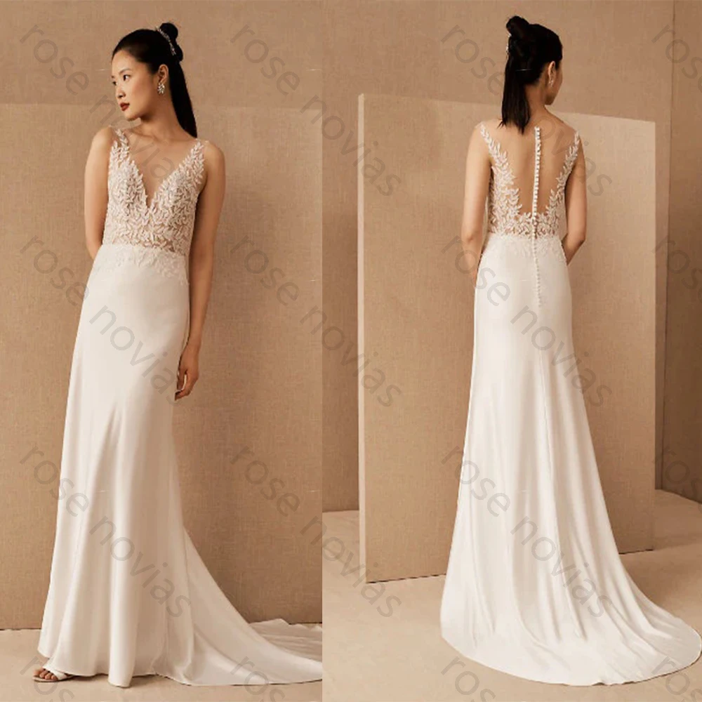 

Индивидуальное высококачественное простое белое атласное свадебное платье с V-образным вырезом и аппликациями, длиной в пол, для гражданской церемонии, эксклюзивно для невесты