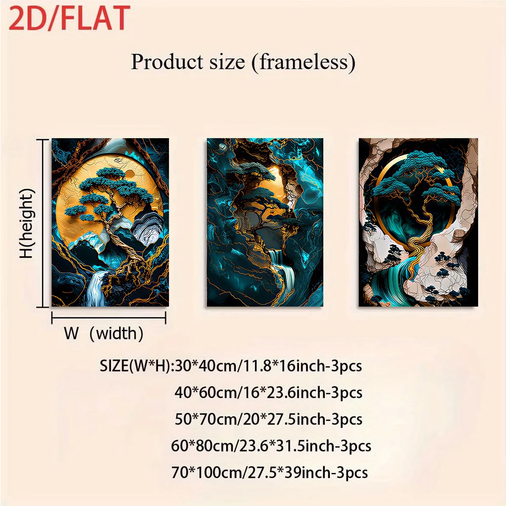 One set of Neo-Chinese Zen-inspired landscape triptych frameless wall painting, depicting the imagery of pine trees, moon, and f