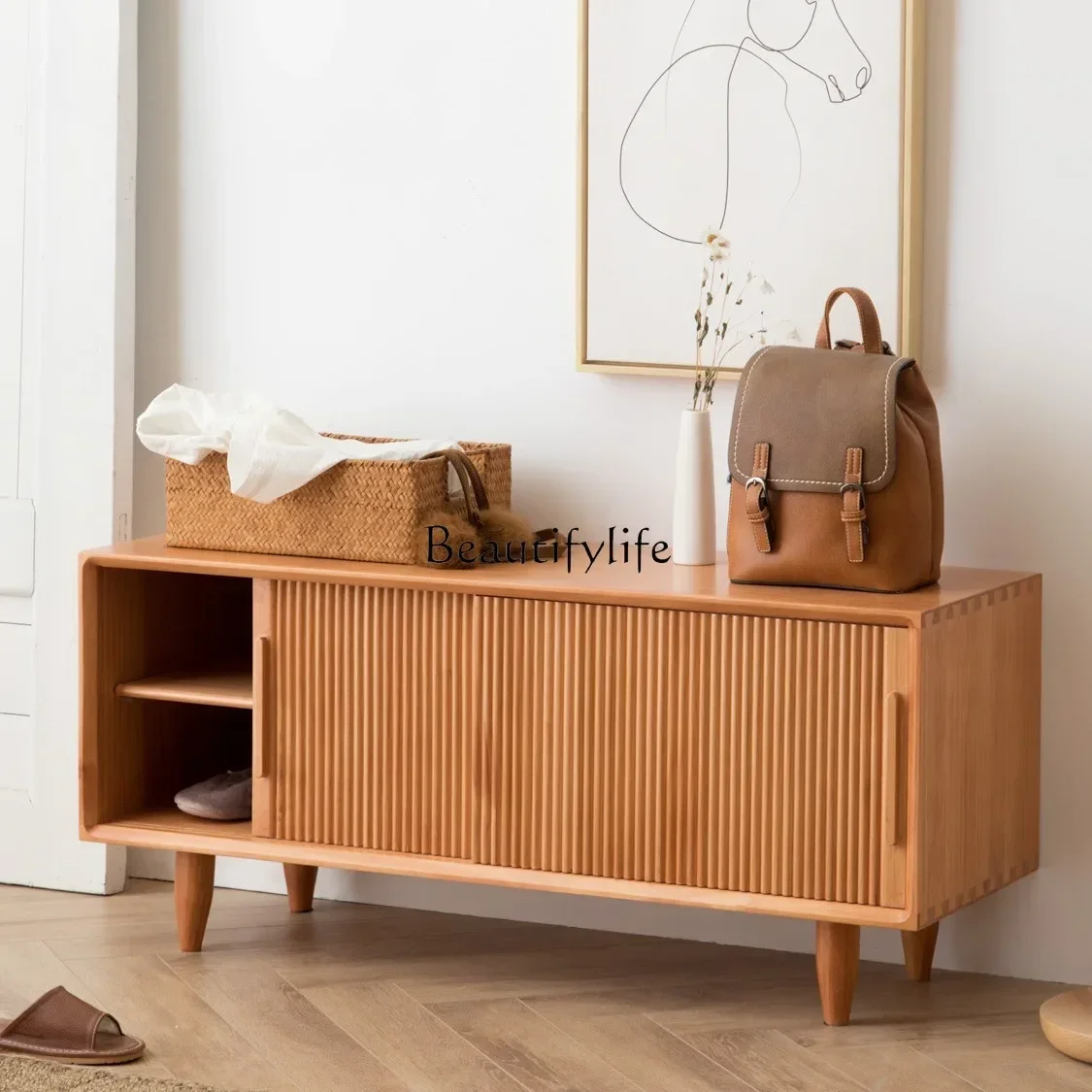 

02Modern simple solid wood shoe stool rattan storage cabinet seated shoe changing stool