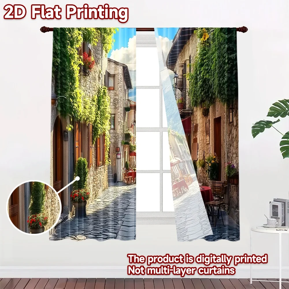 2D flat 2pcs Curtain Retro Country Style Mountain Village Cafe Street Durable polyester fiber Festive Holiday Perfect for