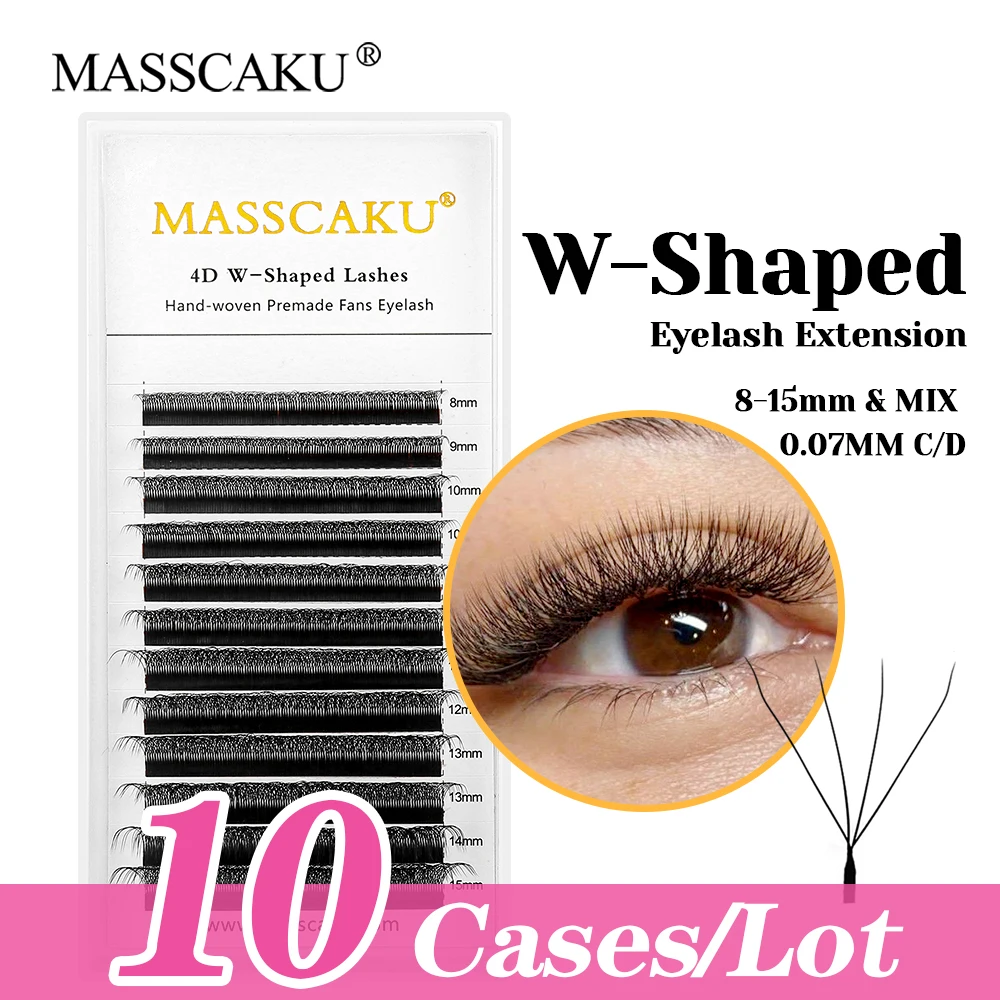 

10cases/lot MASSCAKU Wholesale All Size 3D-10D W Shaped Lashes Individual False Silk W Design Premade Volume Fans Eyelash Trays