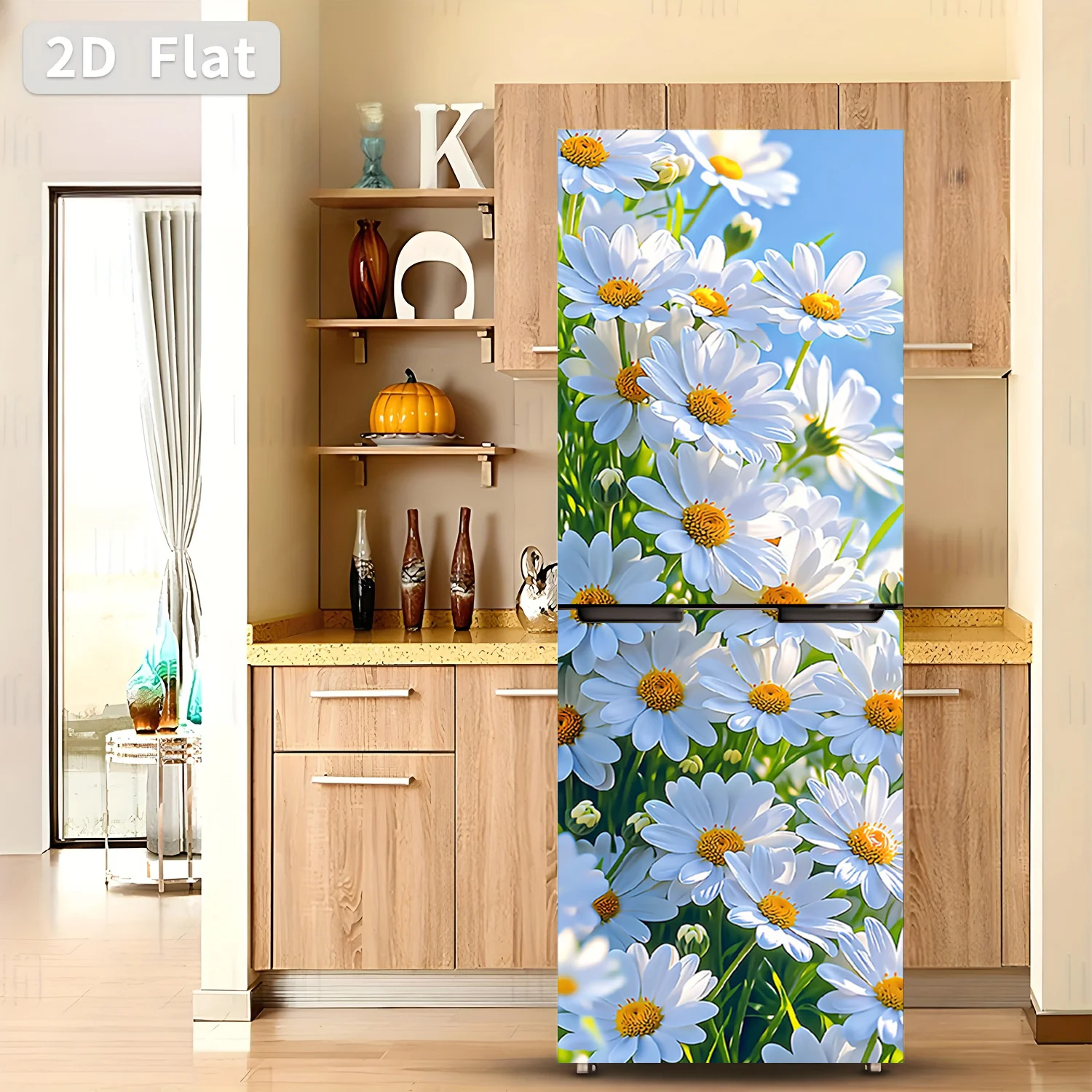 of  Printed Refrigerator Sticker,, Featuring a Blooming Daisy Design. Self-Adhesive Wall Decoration Suitable for Cabinets And