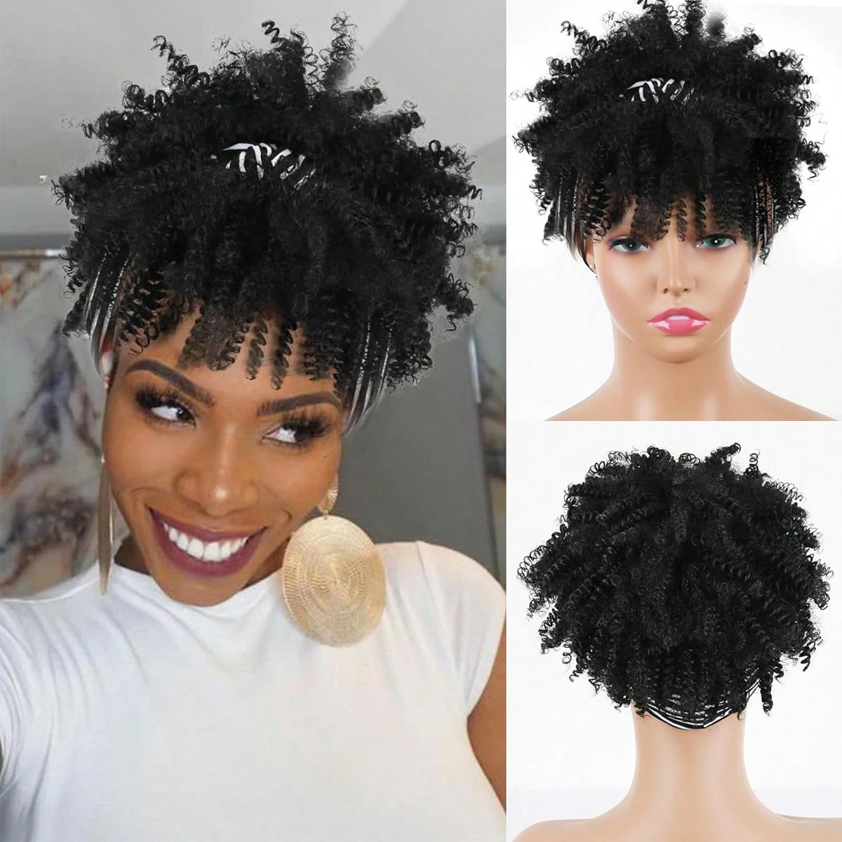 أسود عقال الباروكات للنساء شعر مستعار شديد التجعد الأفرو مع الاصطناعية شعر مستعار قصير مع عقال المرفقة حك الباروكات #1