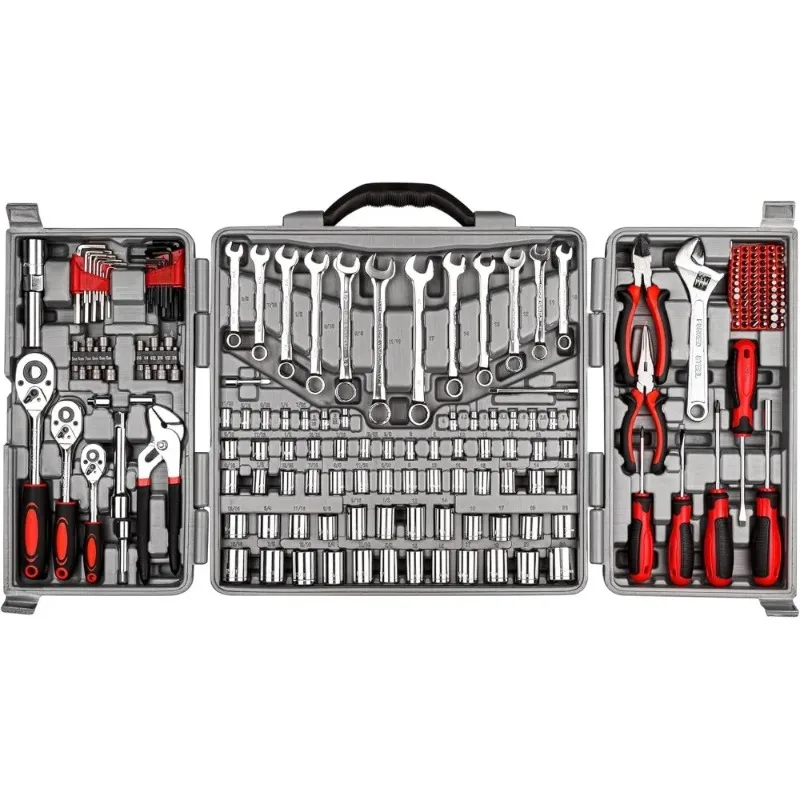 205 Piece Ratchet Wrench Tool Set 1/4 & 3/8 & 1/2 Drive with SAE/Metric Sockets Kit in Plastic Toolbox