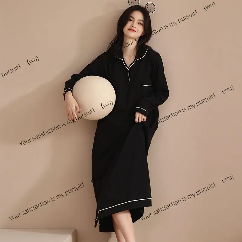 

Korean Black Nightgown Women's Long-sleeved Spring Autumn Large-size Loose Long Pajamas Home Clothes Satin Sleeping Woman Sleep