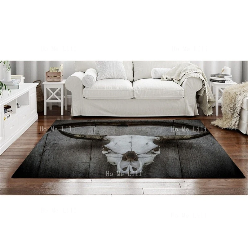 Horrow Bull Skull Head Pattern Retro Woodboard Design Flannel Floor Rugs Country Barn Farmhouse Rustic Customized