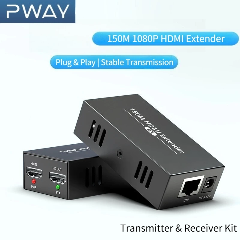 PWAY 150M HDMI Extender 1080P@60Hz Cat5e Cat6 Plug and Play Transmitter Receiver Extensor for TV PC Security Camera