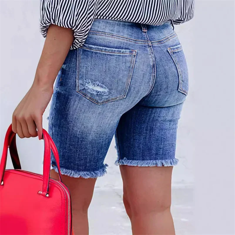 Women Fashion Single-breasted Splice Mid Waist Denim Shorts Female Broken Holes Three Quarter Pants Casual Mini Jeans Streetwear