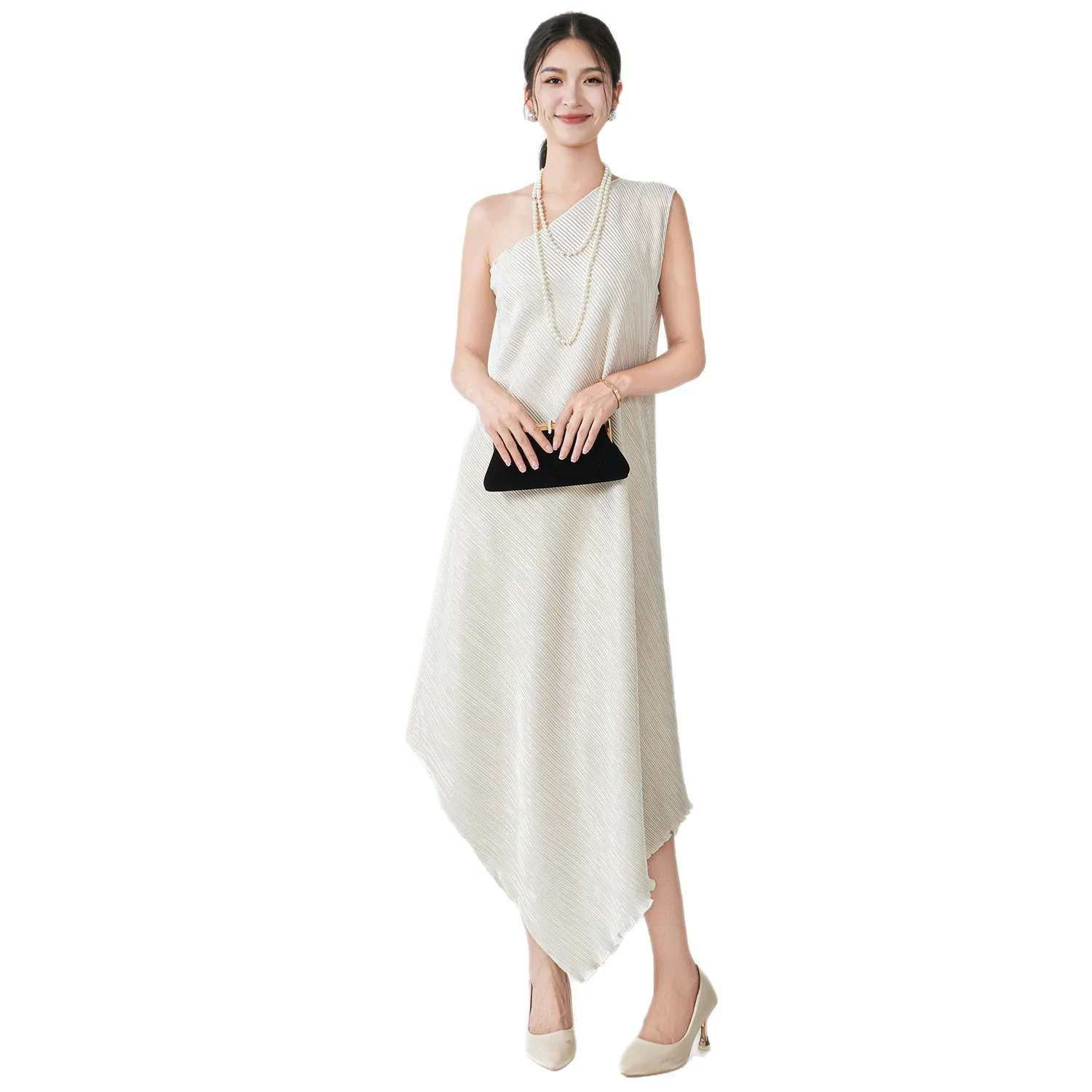 Ele Casual Long Dr Polyester Fabric Regular Sve Asymmetrical Hemline Loose Waist Sle Faionable Middle-aged Women