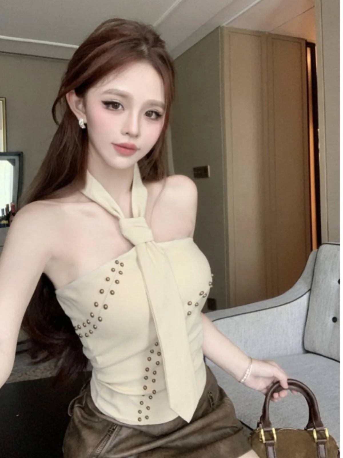 

Summer Sexy Strapless Crop Top Women's Design Heavy Embellished Tie Neck Hanging Strap Vest Sweet Style Polyester Fiber