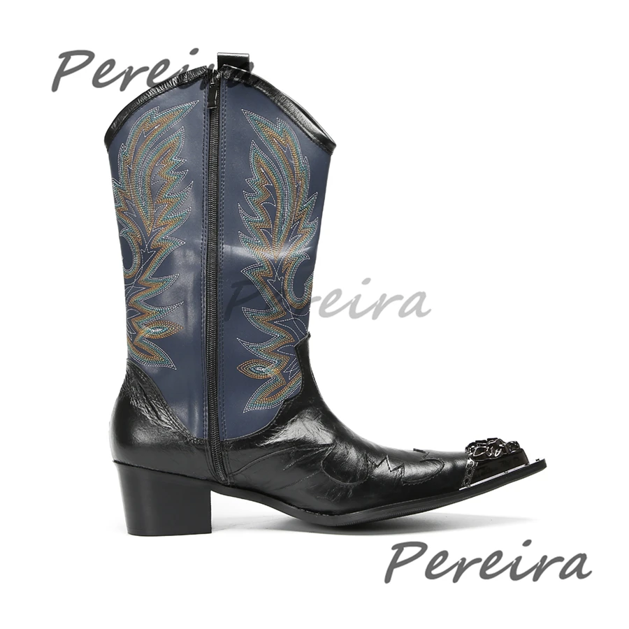 British Style Trend Genuine Leather Embroidered Chelsea Boots for Men Iron Pointy Toe Slip-On Knee High Boots Fashion Male Shoes