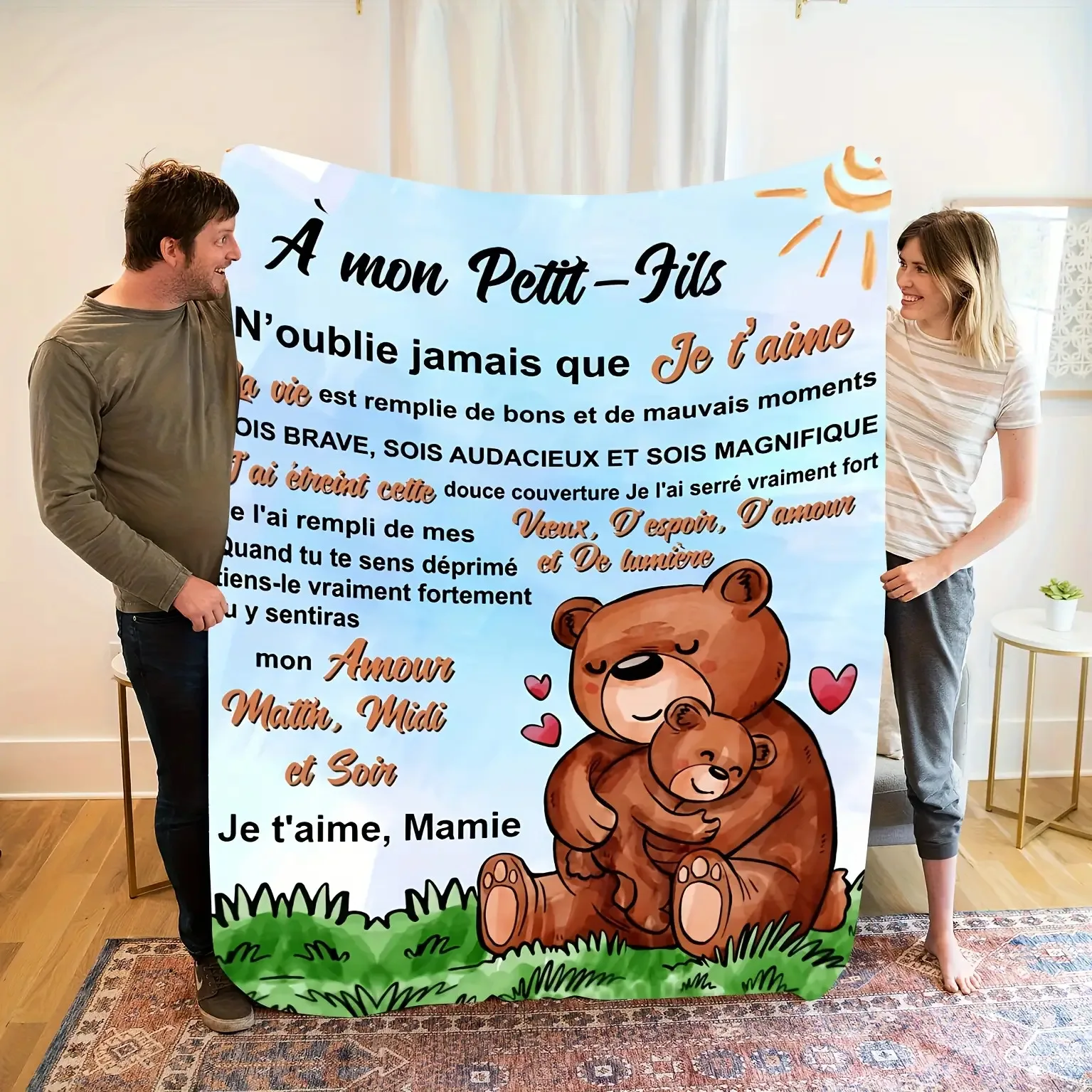 Customize Comfortable Grandmother's Flannel Blanket for Grandson- Bear Hug Theme, Warm Love and Encouragement with French Text,