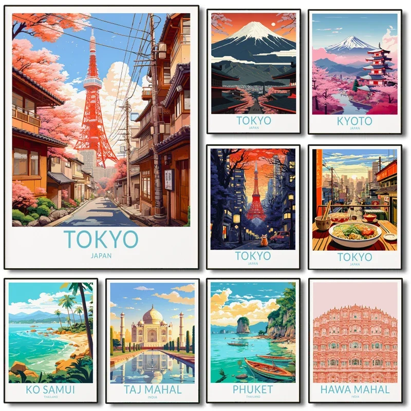 Asian Travel Landscape Wall Art  Japanese Tokyo India Thailand Island Poster Canvas Painting for Home Decor Room Decoration Gift