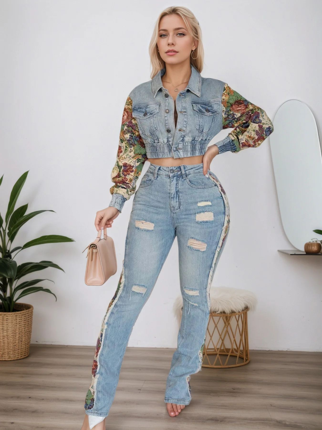 طقم مكون من قطعتين من قماش الدنيم بطباعة جانبية كلاسيكية للسيدات جديدة، قابل للغسل في الغسالة