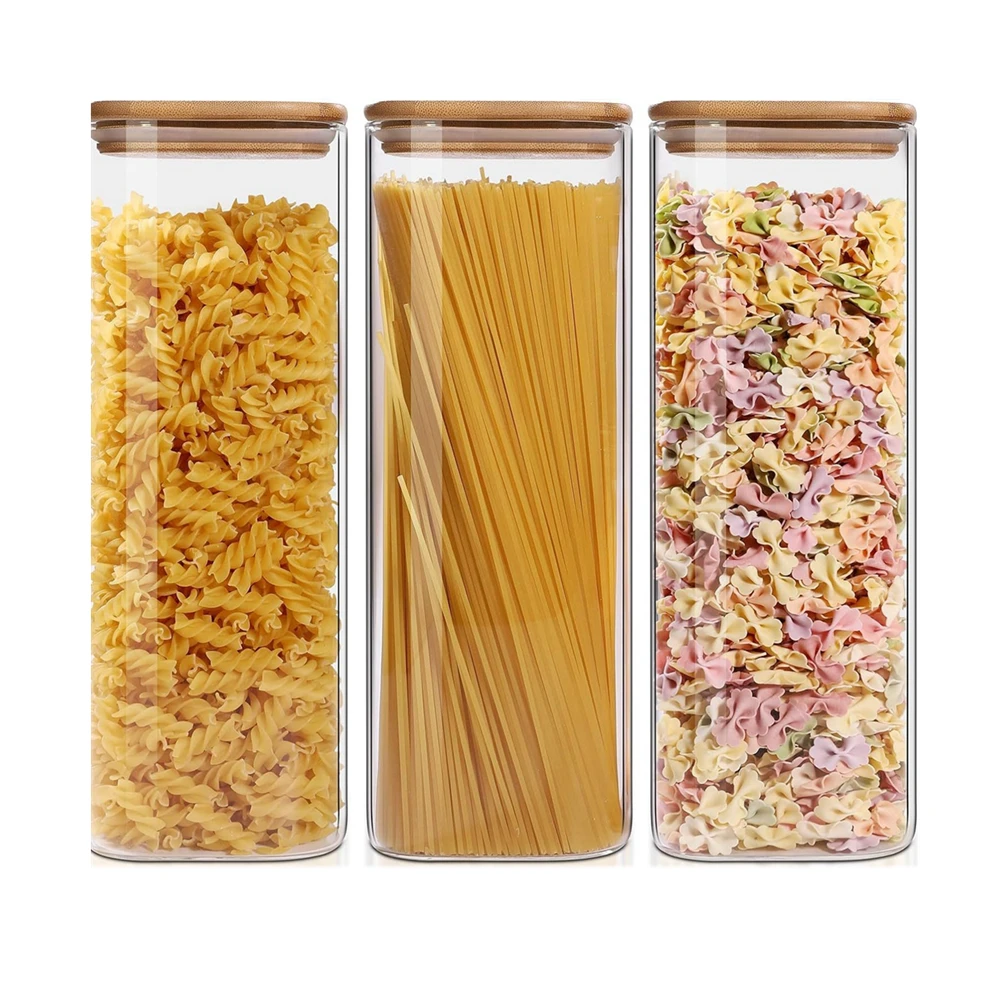 

3 Pieces 2500ML Large Glass Storage Jar Italian Pasta Noodels Storage Jars Bamboo Cover, Kitchen Seasoning Tank Grain Storage