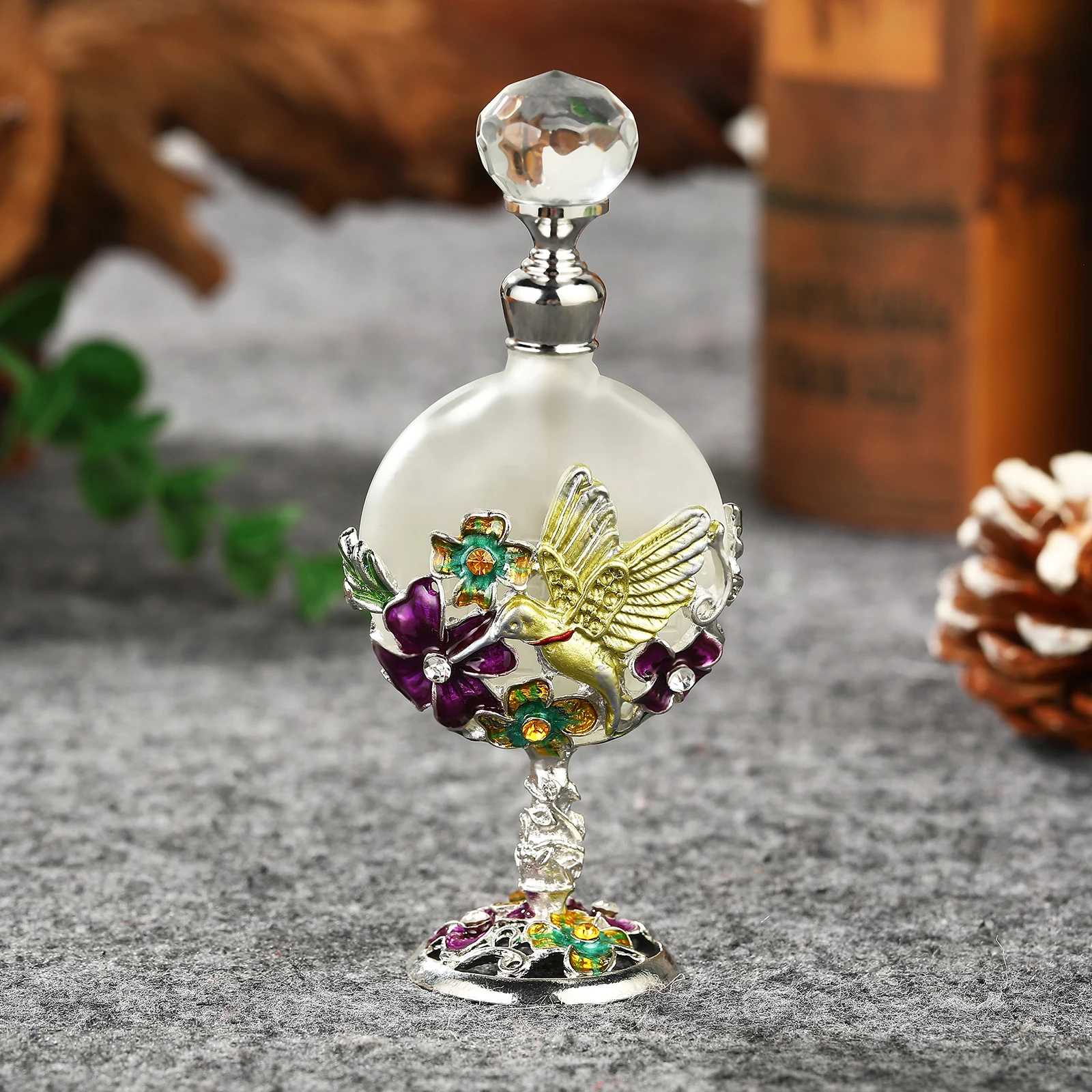 Goblet Perfume Bottle 7ml Empty Vintage Golden Slime Container Metal Enamel Bird Flower Embossed Decor Crystal Cap Refillable