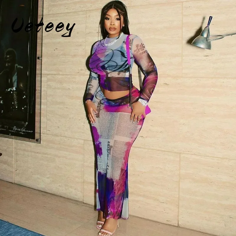 Ueteey Mesh Two Piece Skirt Sets Sexy Outfits Women Printed See Through Long Sleeve Tops + Bodycon Skirts Suit Party Clubwear