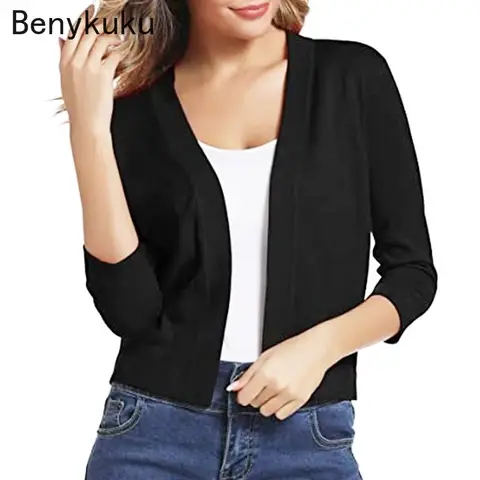 Black White Knitted Open Stitch Cardigans for Women Solid Color Knitwear Coat Elegant Basic Short Coat Womens Bolero Sweater Top