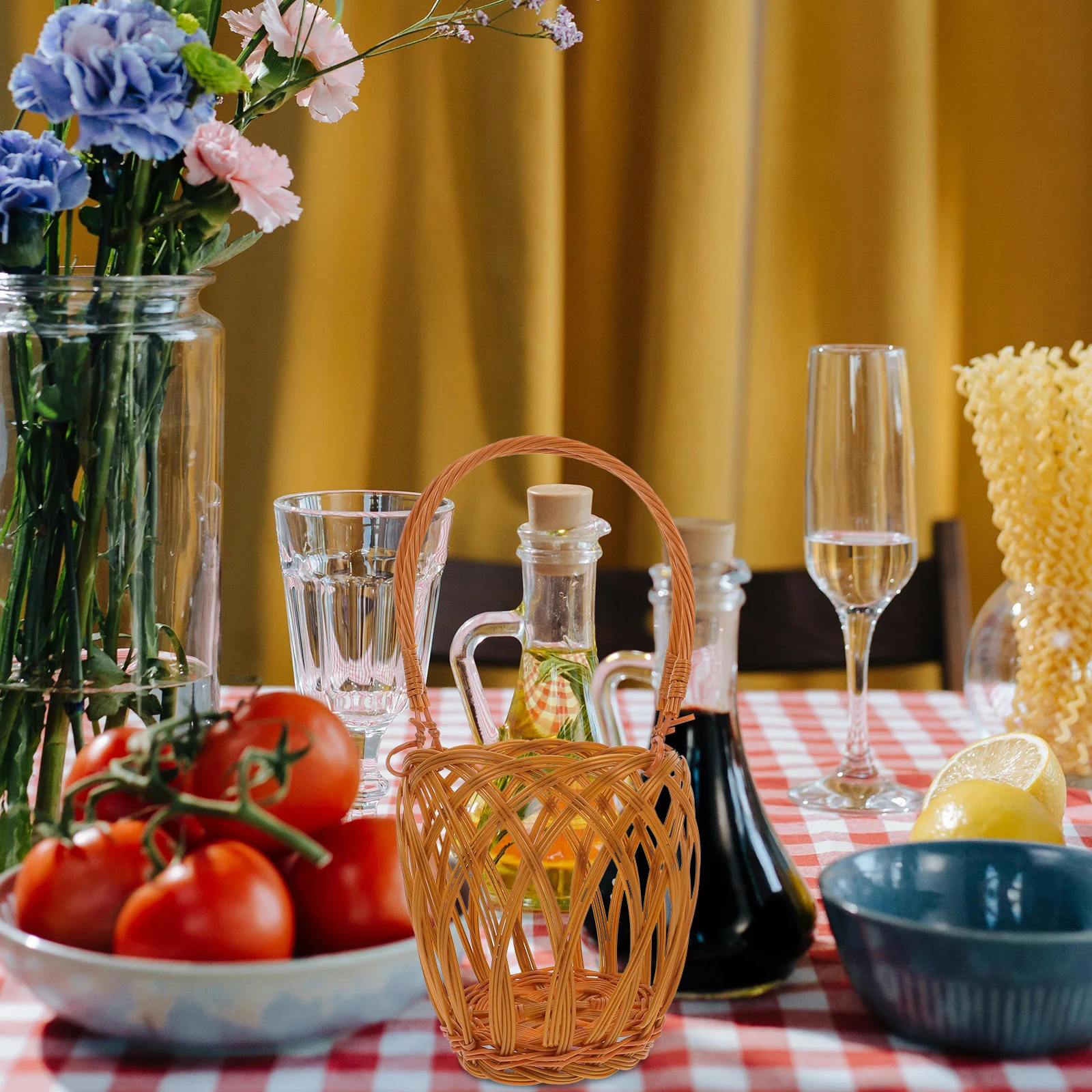 

Woven Wine Basket Imitation Rattan Handheld Portable Wine Bottle Holder Storage Container Mini Picnic Fruit Veggie Basket