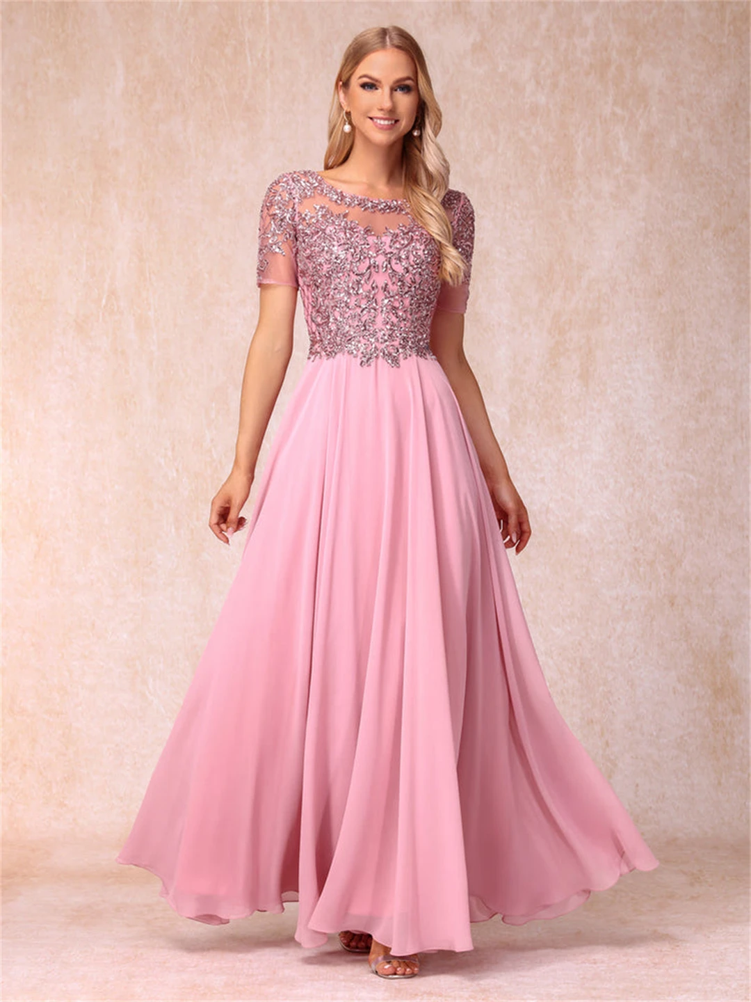 Mulheres Elegante vestido rosa longo de chiffon, vestidos mãe da noiva, apliques com o pescoço, lantejoulas de renda, manga curta, vestidos de casamento para convidados, mulheres