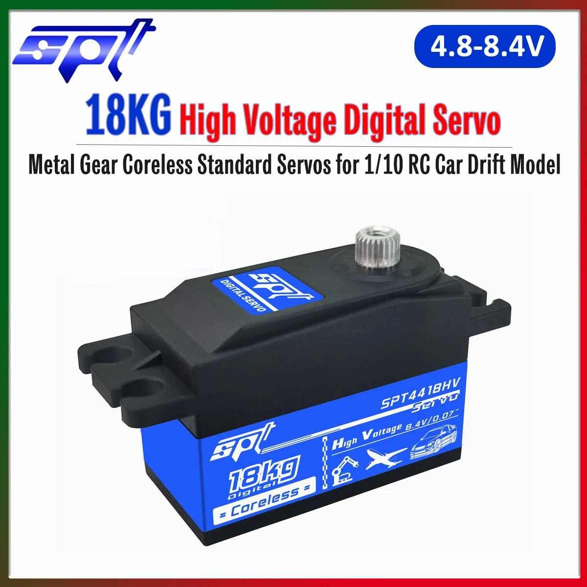 

Цифровой сервопривод SPT 4418HV 18KG с металлическим редуктором, коротким корпусом, высоким напряжением (4.8-8.4В), безколлекторный, стандартный, для радиоуправляемых моделей дрифт-каров 1/10