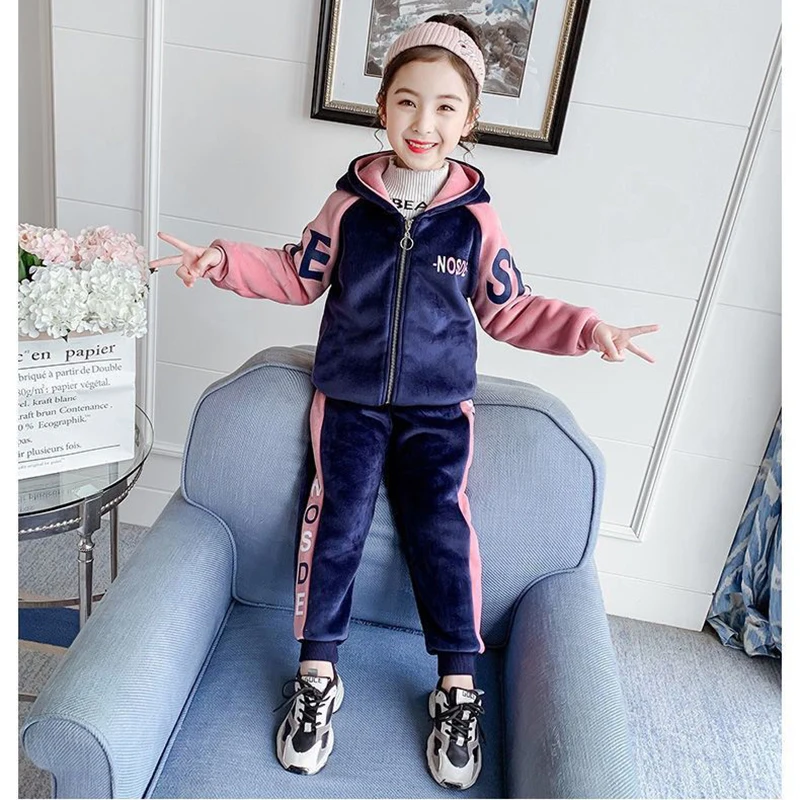 New Winter Keep Warm Girls Clothing Set Padded Lining With Plush Velent Hooded Jacket+Pants 2pcs Suit For 3-12 Years Kids