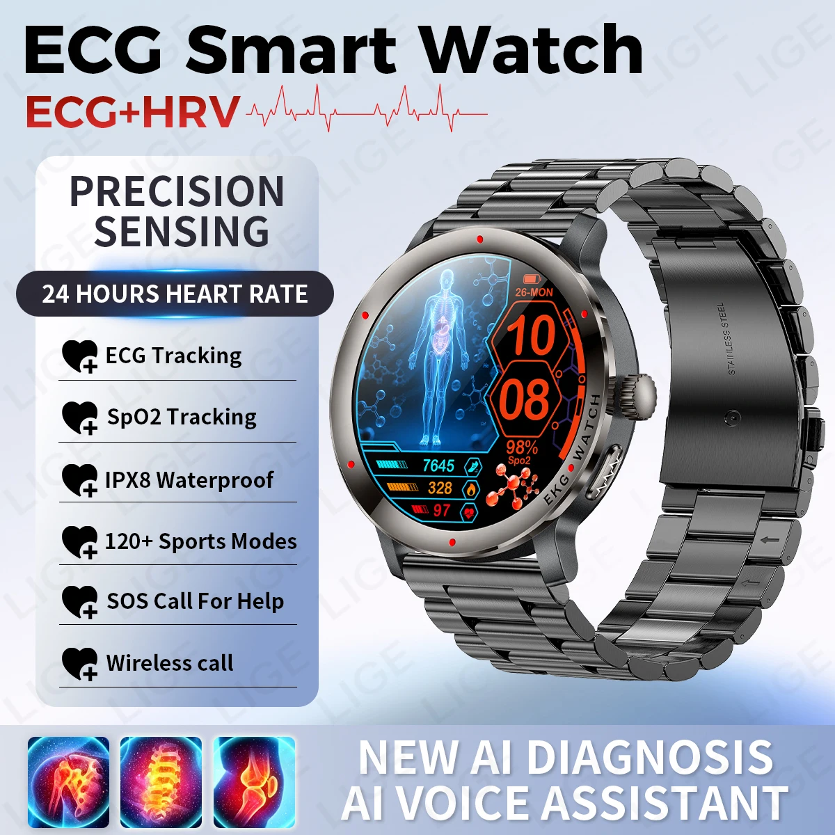LIGE New ECG Smart Watch Men Women Bluetooth Call 24hour Sleep HRV Health Uric Acid Monitor Analysis Body Temperature Smartwatch