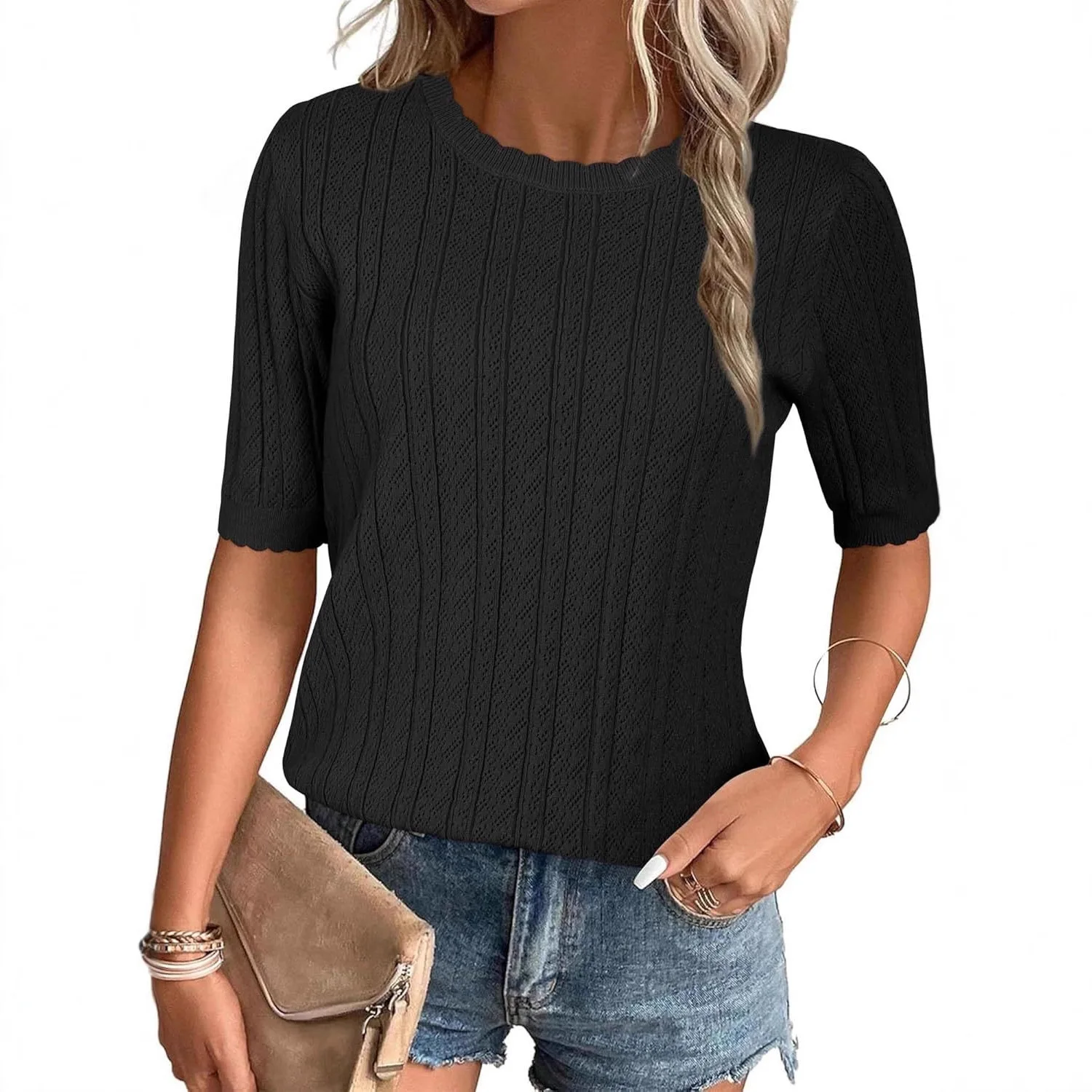 European and American women's clothing summer fan-shaped short-sleeved top texture fashionable casual solid color knitted sweate