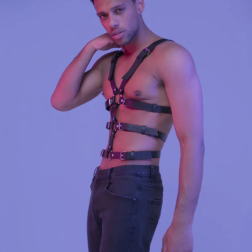 Men Harness Gay BDSM Pu Leather Adjustable Studded Decor Sex Bondage Harness Fetish Clothing Erotic Costume chest harness