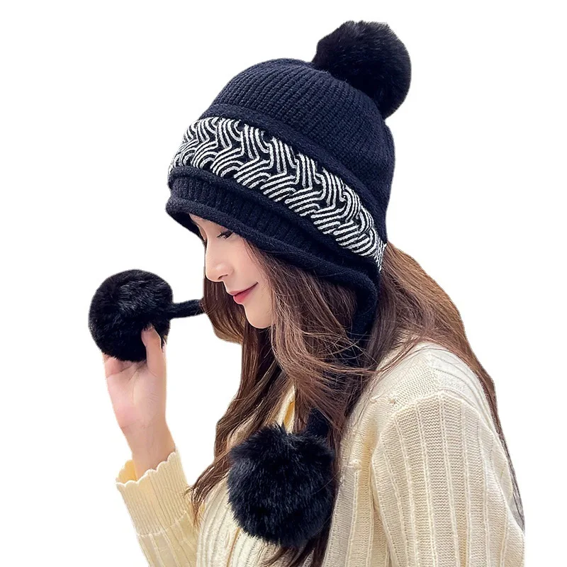 Women Winter Peruvian Cover Ears Beanie Hat Ear Flaps Sherpa Ski Snow Caps Knit 3 Pom Pom  Outdoor Cold Weather