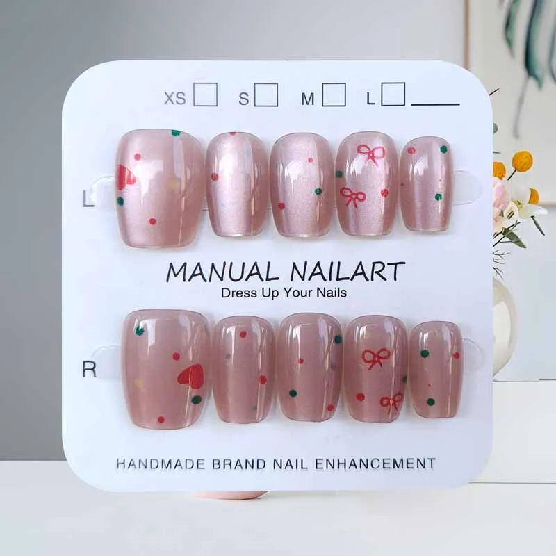 10Pcs Cute Heart and Bowknot Polka Dot Print Press On Nails Nails Patch Simple Women and Girls Nail Slices Macaron False Nails
