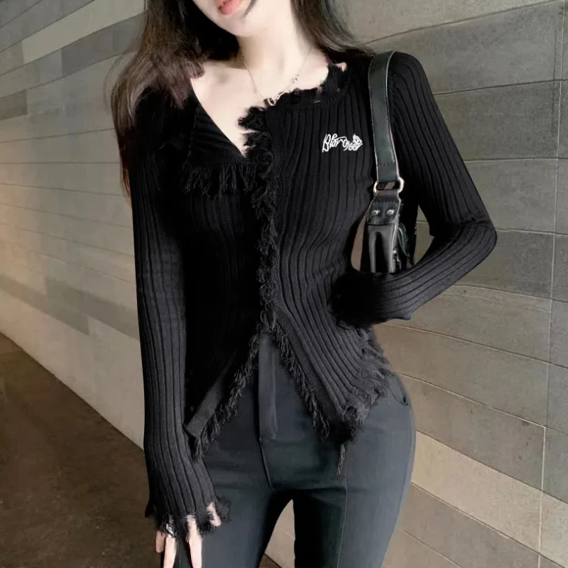 Irregular Slim V Neck Sweaters Tops Spring Autumn New Long Sleeve Solid Color Youth Sexy T Shirts Korean Fashion Women Clothing